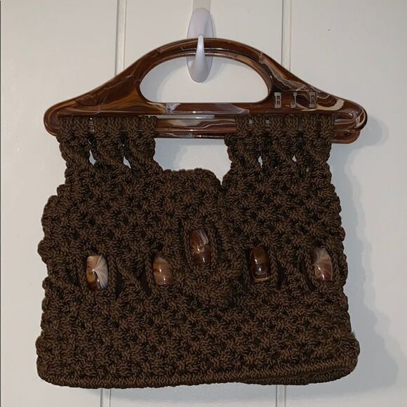 Vtg 70s brown macrame purse with plastic handles - Picture 1 of 7